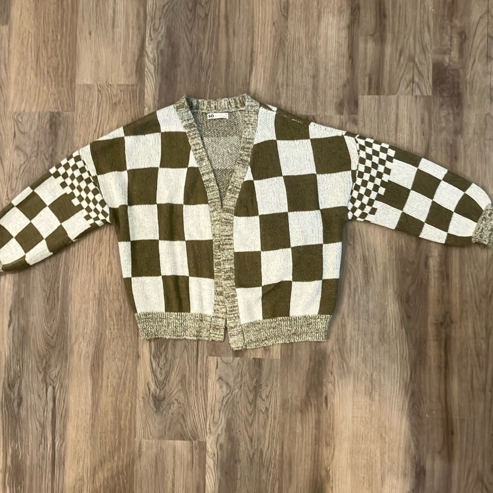 Olive and cream cardigan size XS checkered